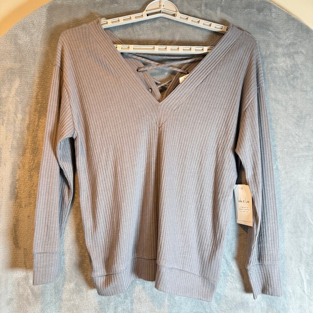 Sadie & Love Lace Up Ribbed Top Gray Medium NWT